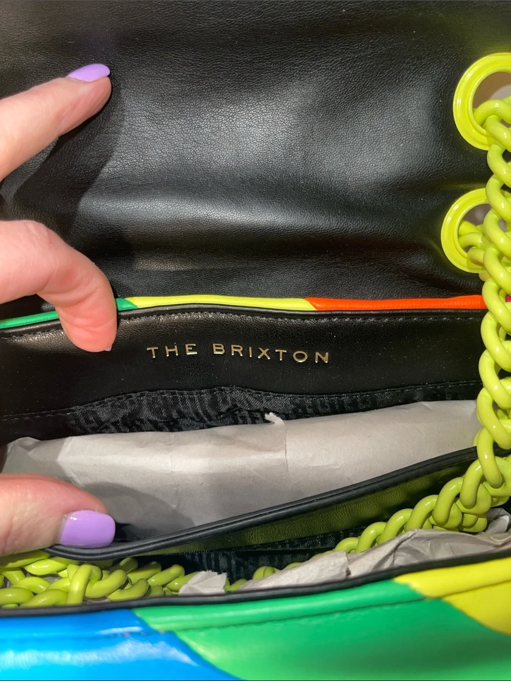 Kurt Geiger London Brixton Lock Multi Color Shoulder Leather Bag Neon Chain NWT - Picture 5 of 12